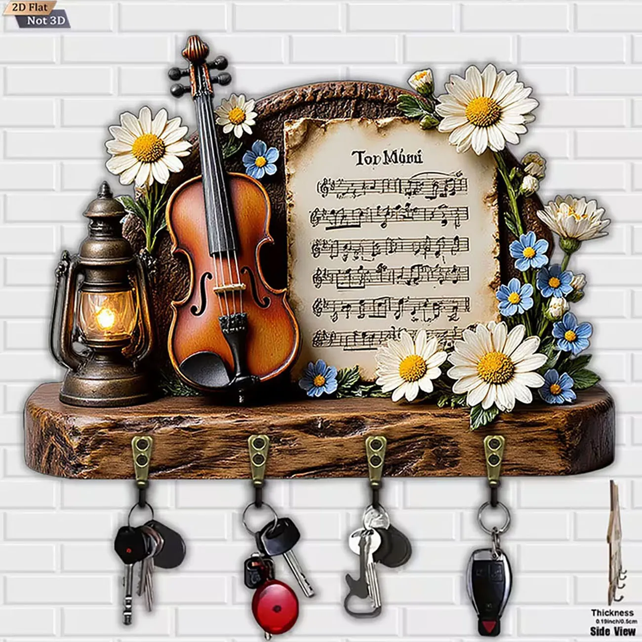 2D flat key holder with violin sheet music daisies and vintage lantern print, four hooks, musical rustic wall decor.