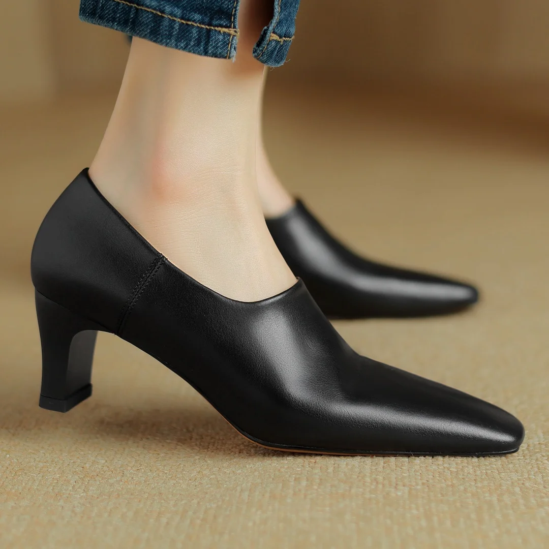 

Women's genuine leather thick high heel square toe slip-on pumps OL style elegant ladies high quality soft comfort dress shoes