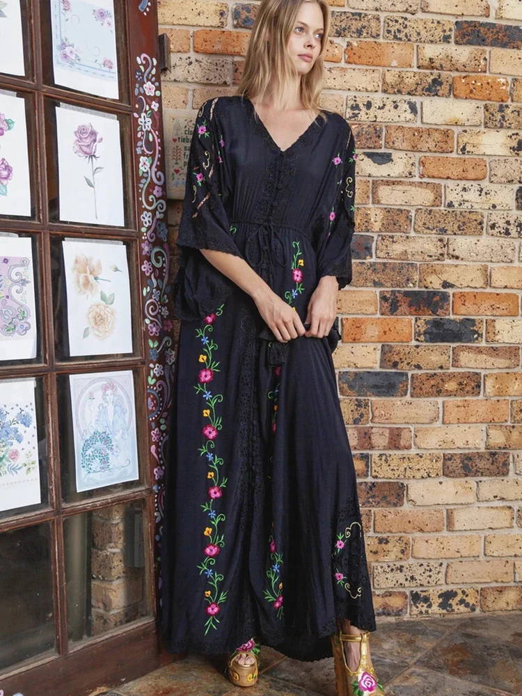 KHALEE YOSE Floral Embroidery Boho Maxi Dress Black Cotton Loose Long Sleeve V-neck Women Vocation Ladies Dresses Vestidos New