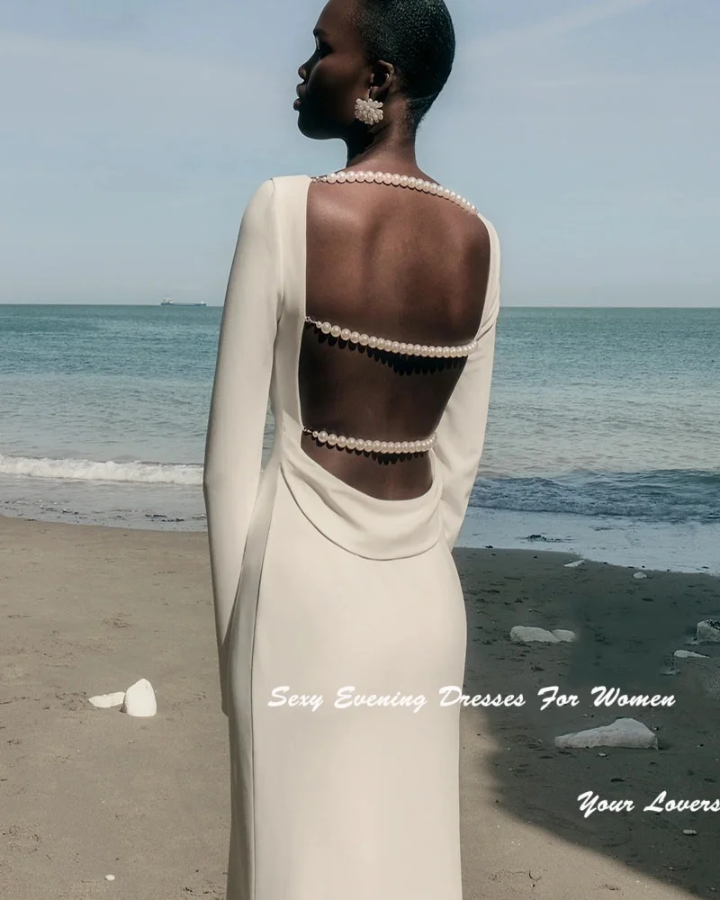 Customized White Crepe Wedding Dresses For Sexy Women Evening Dress With Pearls On Back Floor-length Backless Summer Prom Dress