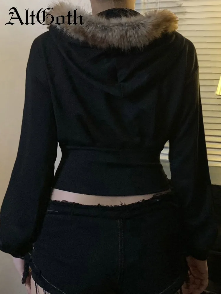 AltGoth Streetwear Y2k Vintage Sweatshirt Women Cyber Punk Print Fur Patchwork Hoodies Dark Academia Gothic Indie Clothes Female