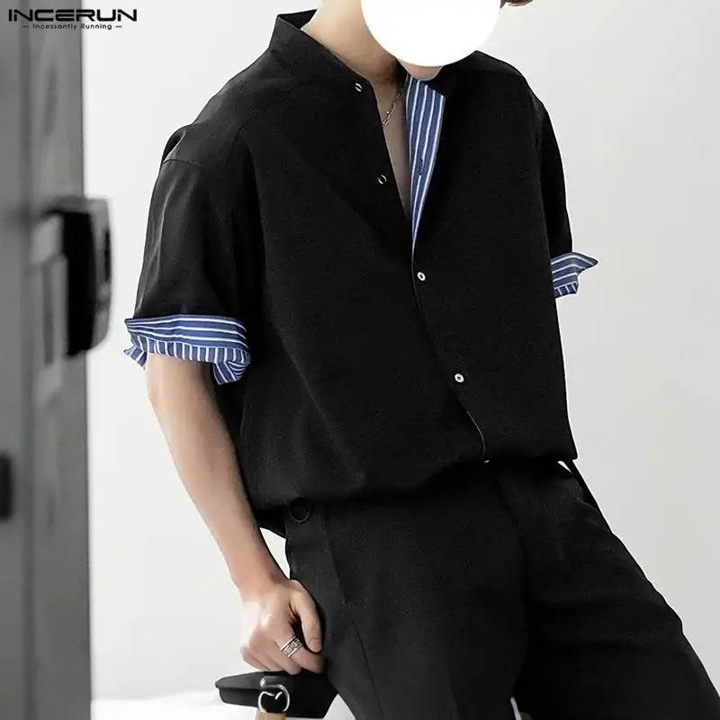 

INCERUN Men Shirt Patchwork Lapel Short Sleeve Loose Tops Streetwear Korean Style Men Clothing 2025 Fashion Casual Male Shirts