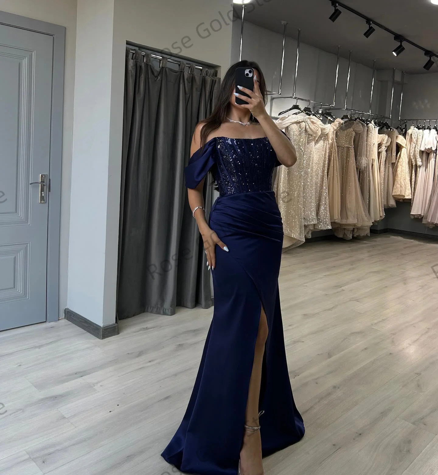 Elegante brilhante vestidos de noite para formal azul sereia vestidos de gala personalizado longo lantejoulas fenda lateral mancha macia vestidos de baile