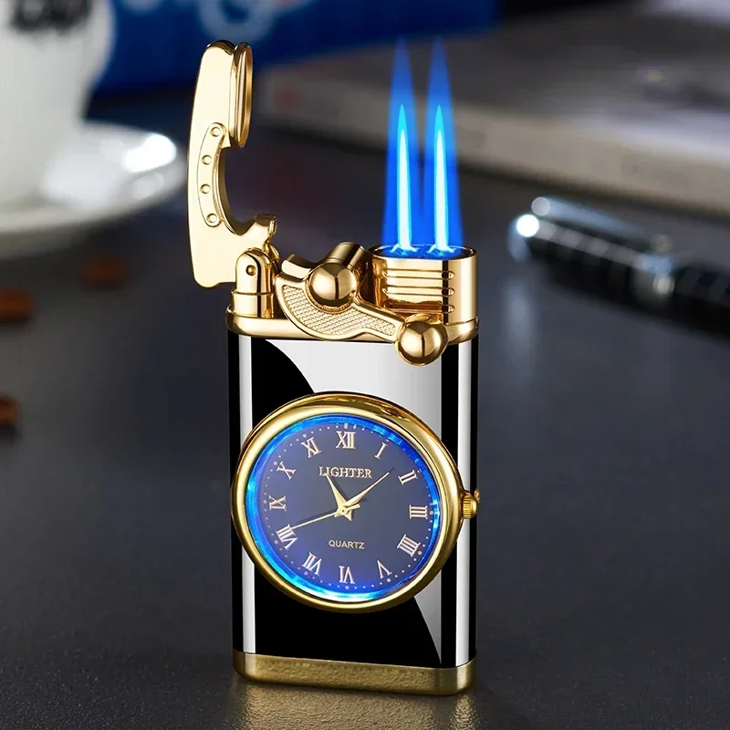 Windproof Gas Lighter Wrist Watch Cigar Lighter Outdoors Jet Double Tube Lighters Gadgets for Men Cigarette Accessories Fires