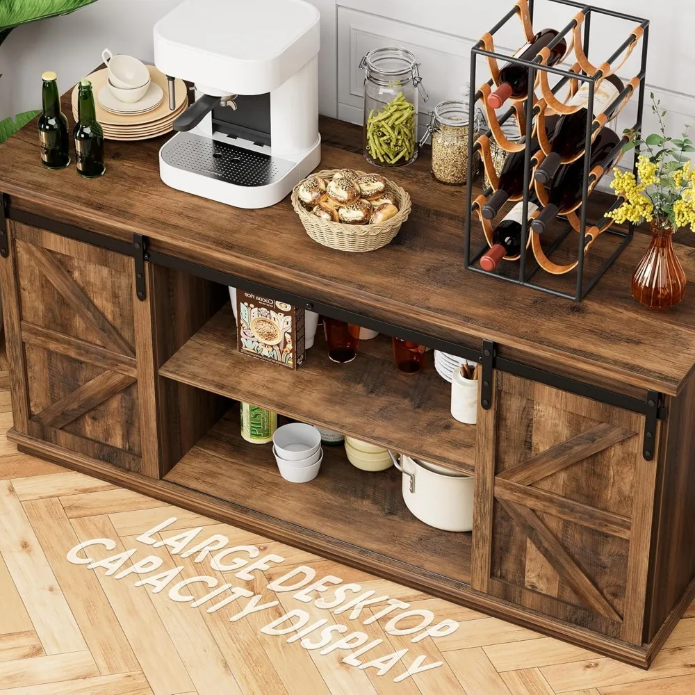 خزانة جانبية من خشب البارنوود الريفي مع أبواب منزلقة لتخزين غرفة الطعام وبار القهوة