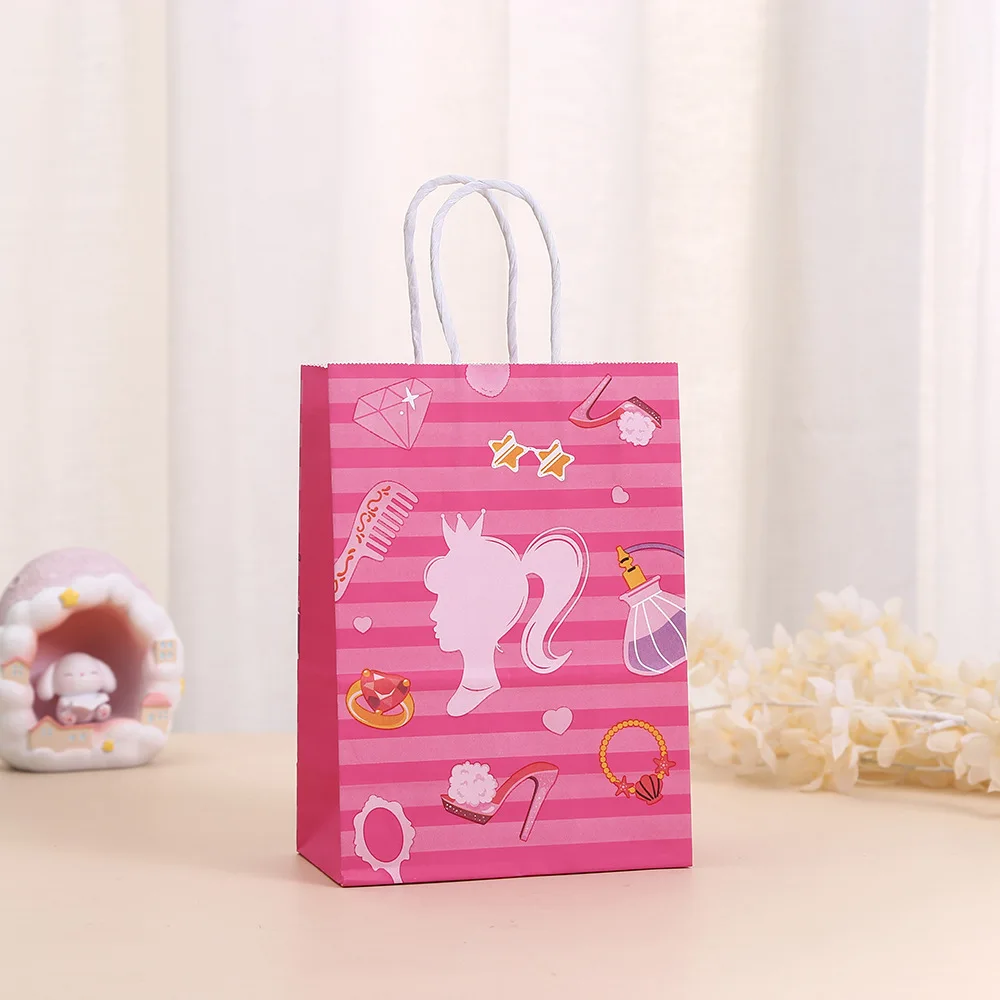 StoBag, borsa Tote in carta Kraft con confezione regalo per bambole rosa, per compleanno, imballaggio Snack caramelle, forniture decorative,