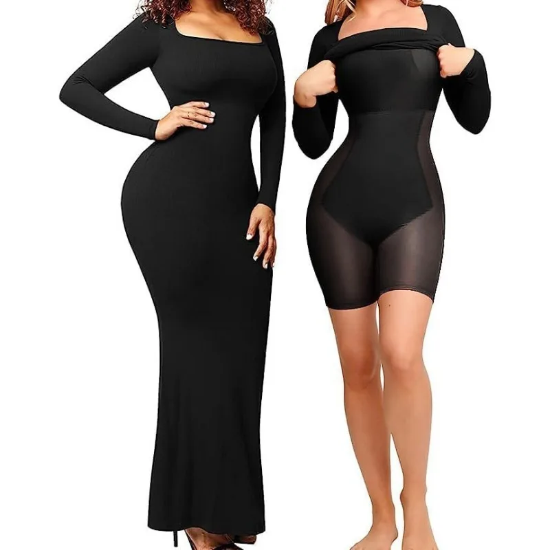 

2-in-1 Slimming Dress Long Sleeve Tapered U-Neck Ribbed Fabric Built-in Shapewear Bra Tummy Control Bodycon Party Wear