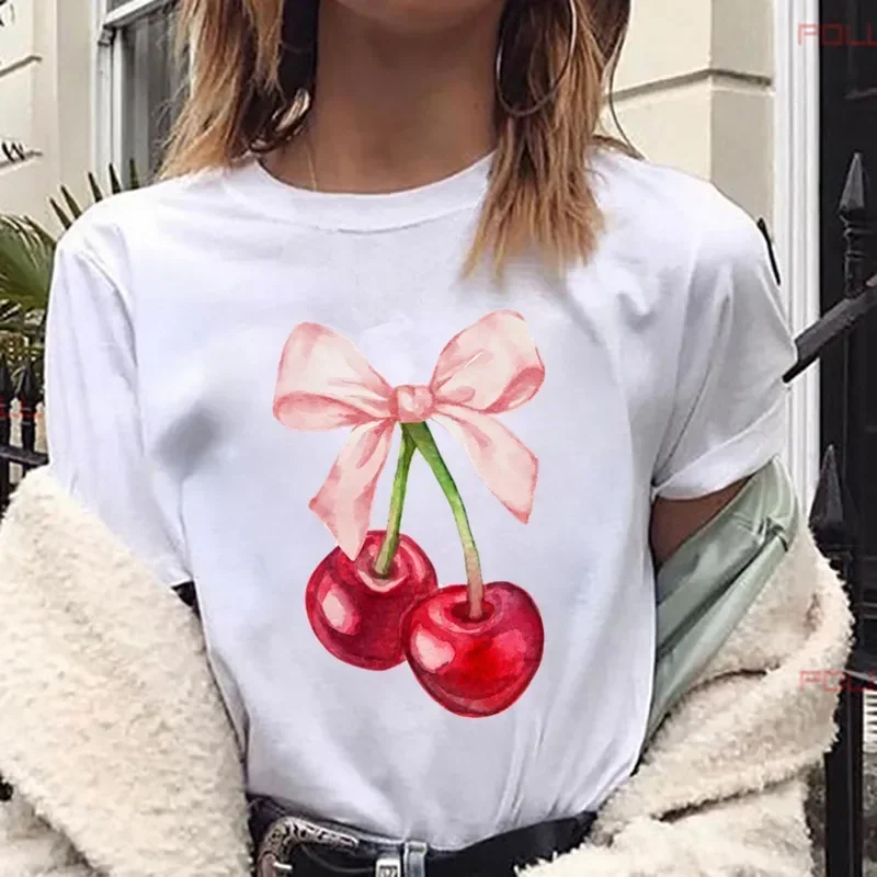 

Summer American Women Cherry Ins Printed T-shirt New Style Y2k Captain Neck Short-sleeved Casual Head Clothing Half-sleeved Top