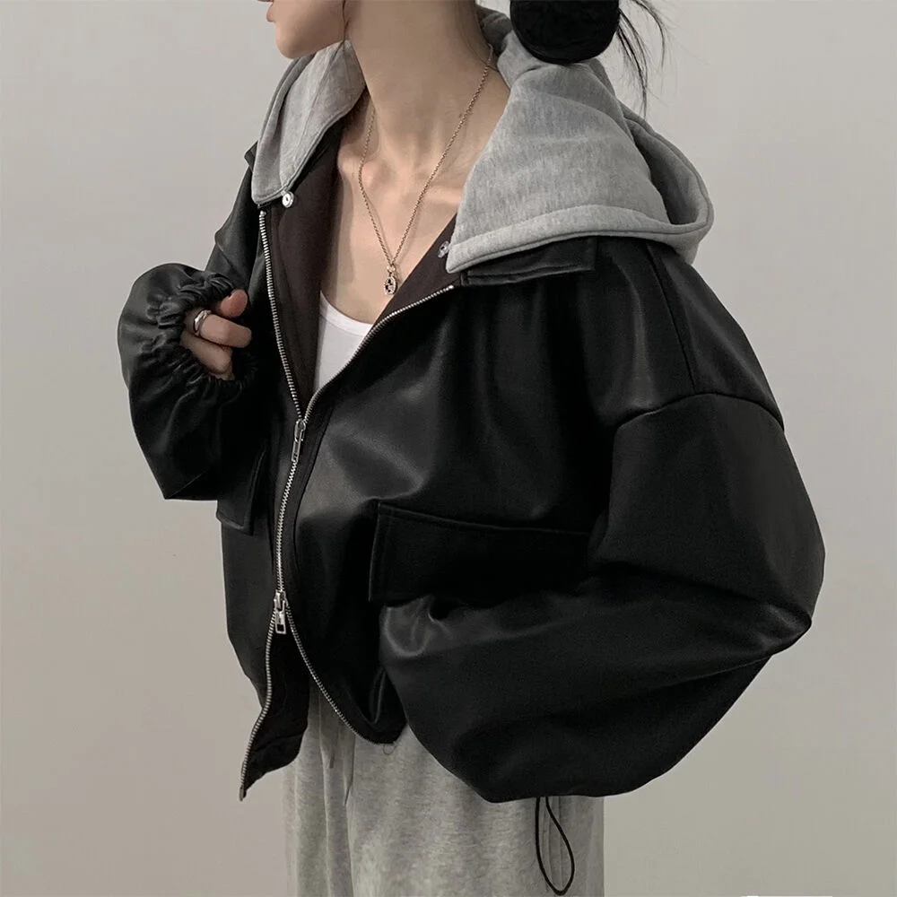 Retro Zipper Large ket ort Hooded Leather Jaet Women's Coat Casual Loose Fit Long Sve Autumn Faion Ladies' Wear
