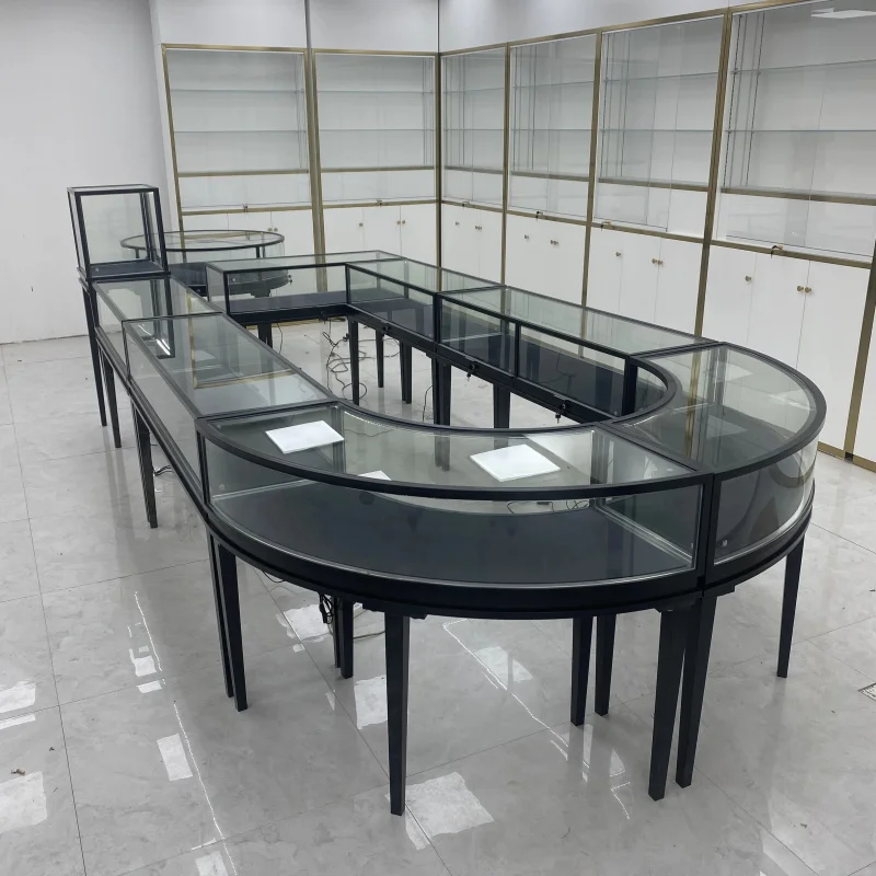 

Customize.Hongzhan High-end Glass Jewelry showcase Jewelry Store Display Cabinet Black Metal Frame Transparent Display