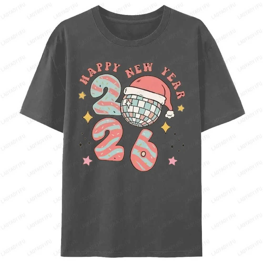 Happy New Year 2026 Disco Ball Christmas Graphic T Shirts for Women Men Clothing Hoppy Xmas Vacation Party Gift Short-sleev Tops
