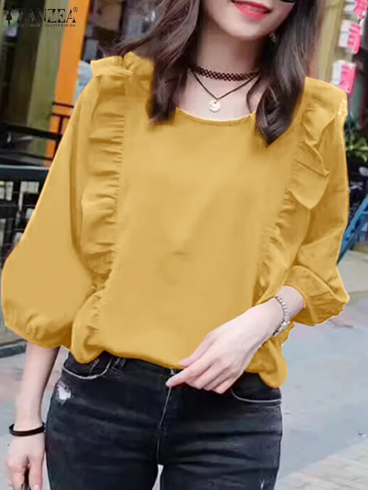 ZANZEA Women Ruffled Blouse Elegant 3/4 Lantern Sleeve Tops 2024 Summer Spring Solid Round Neck Shirt Vintage Office Lady Tunics