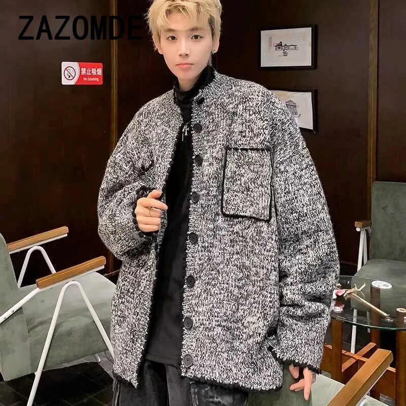 ZAZOMDE Korean Style Men Cardigan Knitted Casual Single Breasted Pockets Round Collar Male Sweater Chic Pocket Knitwear Coat