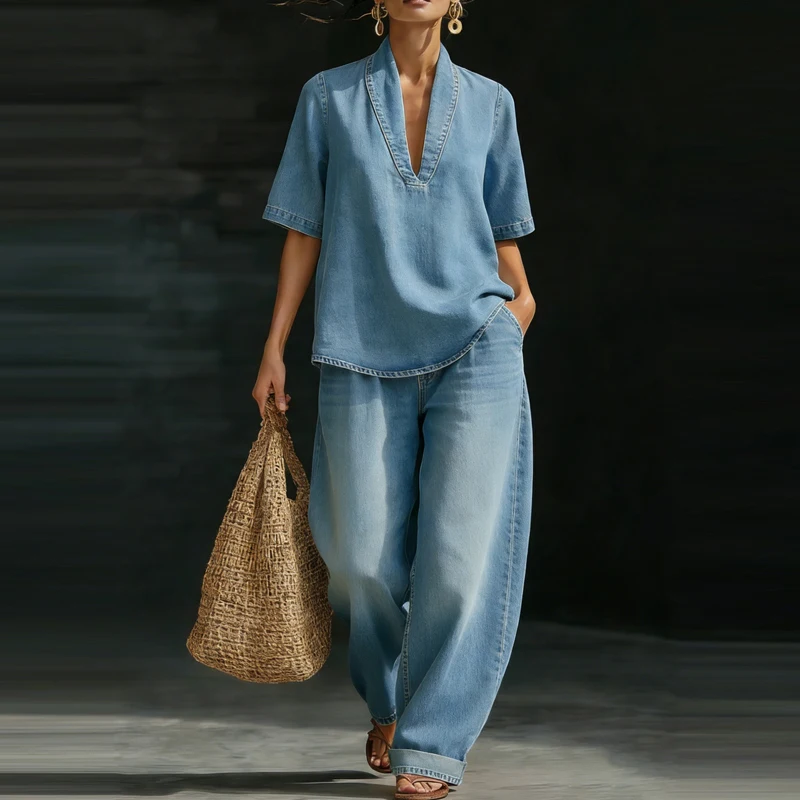 

Casual V-neck Short Sleeve Tops Summer Set Elegant Hight Waist Solid Loose 2Pc Outfits Women Fashion Pocket Solid Long Pant Suit