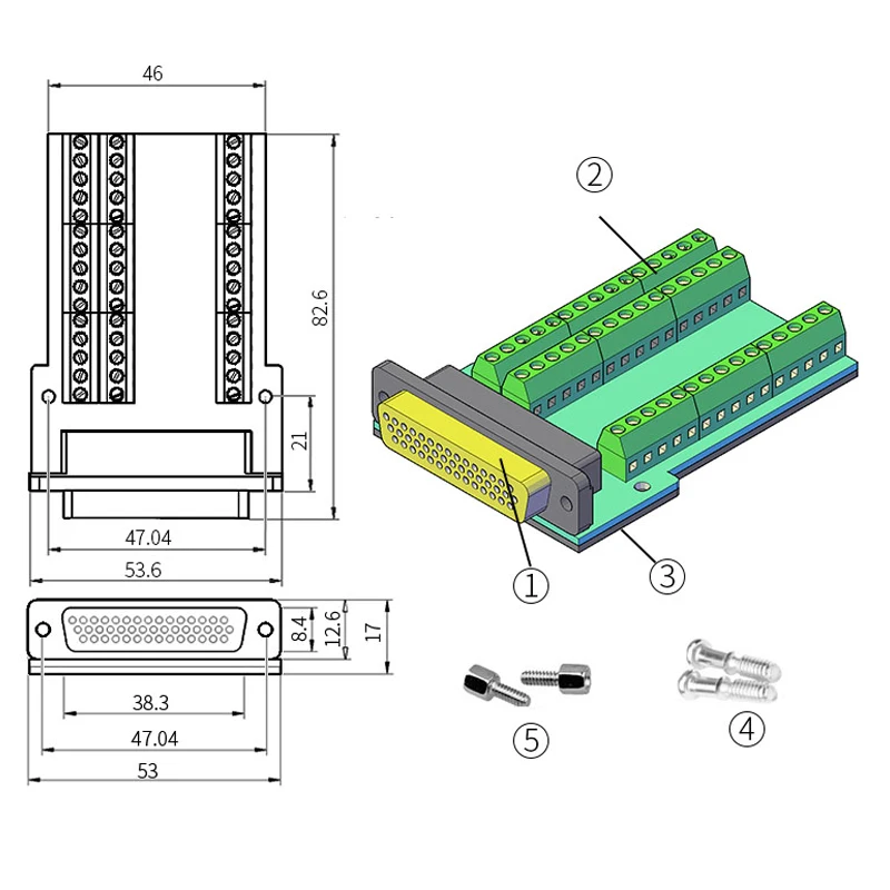 HDB44 Solderless Connector Joint Industrial 3 Rows D-SUB 44Pin Male Female P Pin Hole Plug DB44 Breakout Terminal Board Adapter