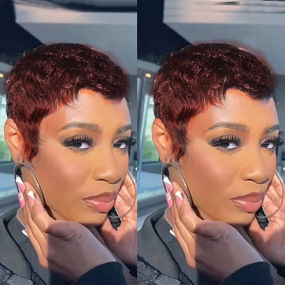 픽시컷 컬러 인모 가발 (앞머리 포함) 여성용 풀머신 제작 가발, 내추럴 브라운 99J, 파티 및 데일리룩