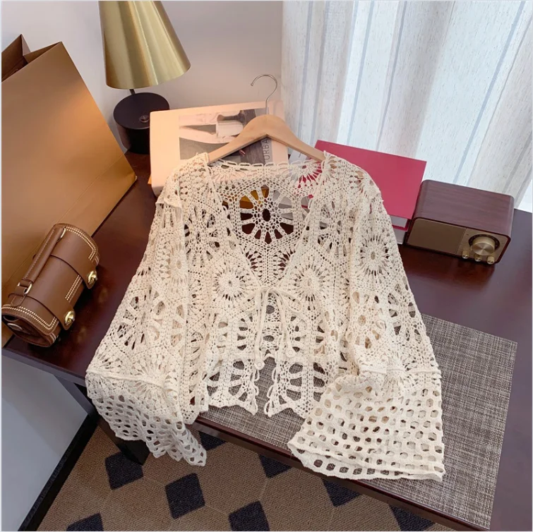 Women 2024 Style Sweet Gentle Hollowed Out Flower Knit Cardigan Outerwear Versatile Shawl Sun Protection Shirt