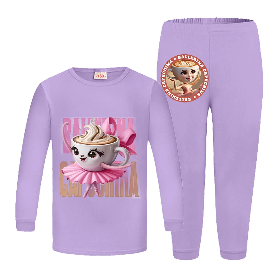 Ballerina Cappuccina Clothes Kids Italian Brainrot Pajamas Set Toddler Girls Long Sleeve T-shirt Pants Sets Children Nightwear