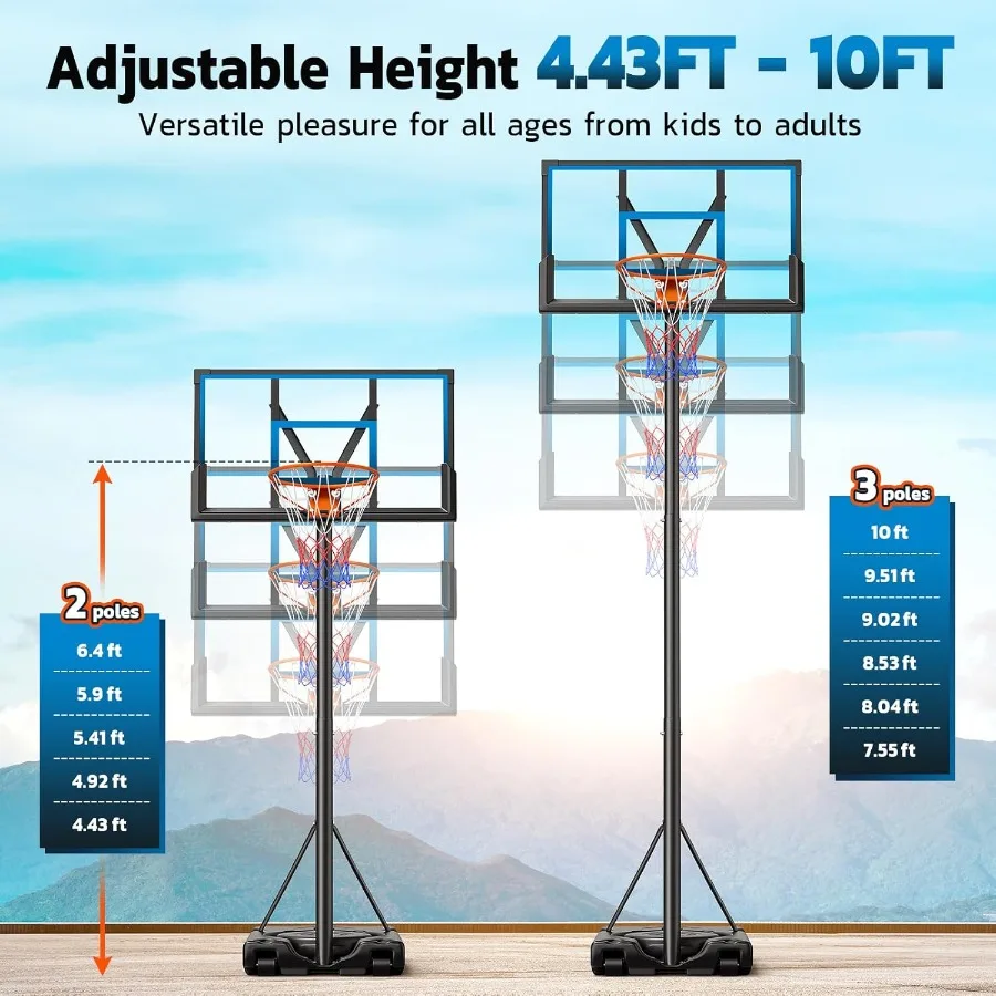 طوق كرة سلة خارجي 46 بطول 10 أقدام للشباب والمراهقين والكبار، هدف كرة سلة محمول قابل للتعديل مع حافة فولاذية صلبة متينة و