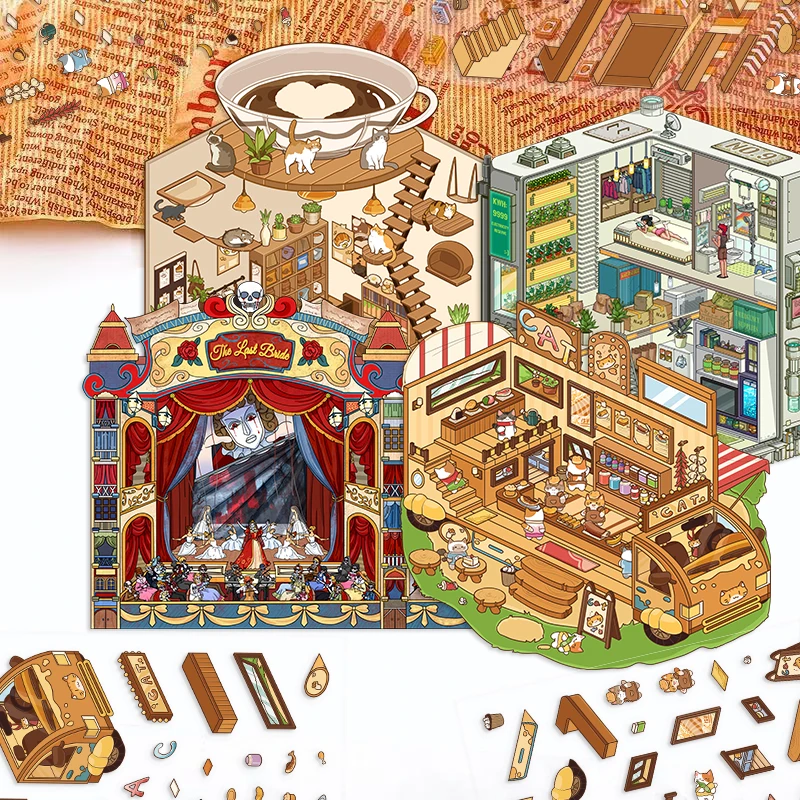 2Pcs Cat Bar, Latte Meow Island Scene 3D Landscaping Stickers DIY Stacking and Pasting Hand Account Cute Gift Animals