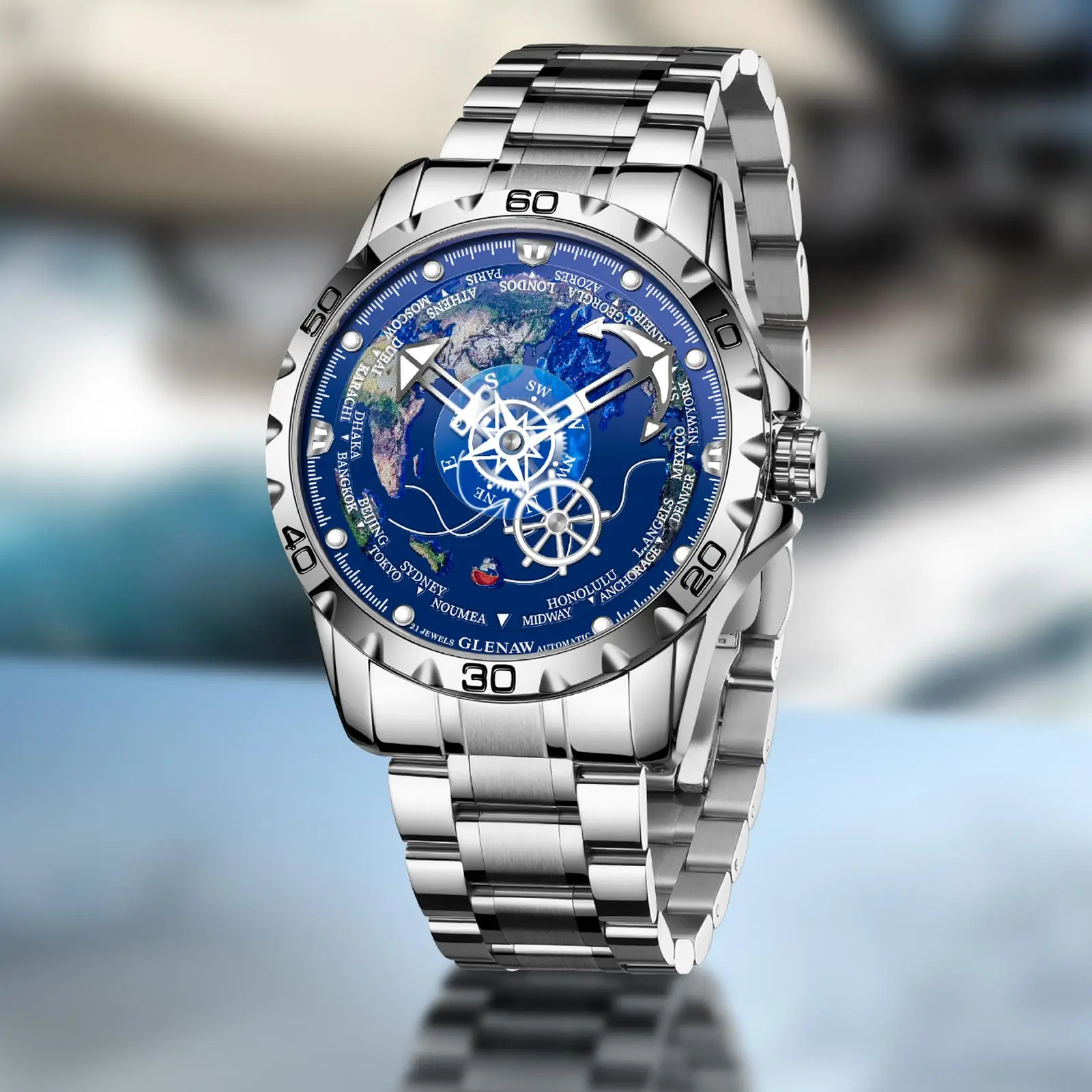 ساعة Glenaw Navigator Series ميكانيكية أوتوماتيكية بالكامل باللون الذهبي والفضي ثنائي اللون وساعة كاجوال راقية