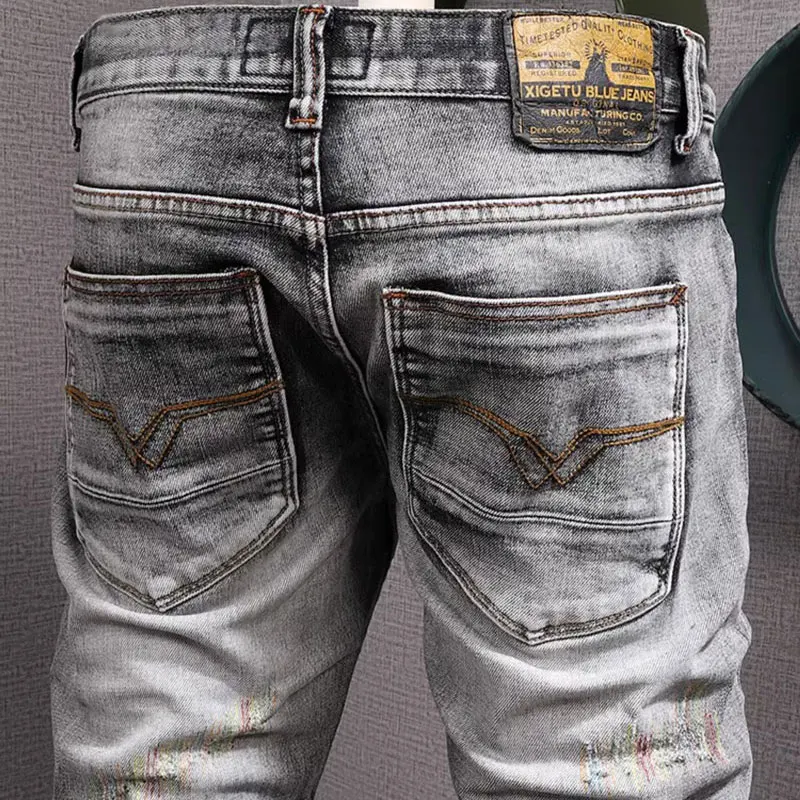 Newly Designer Fashion Men Jeans High Quality Retro Gray Stretch Slim Fit Ripped Jeans Men Embroidery Vintage Denim Pants Hombre