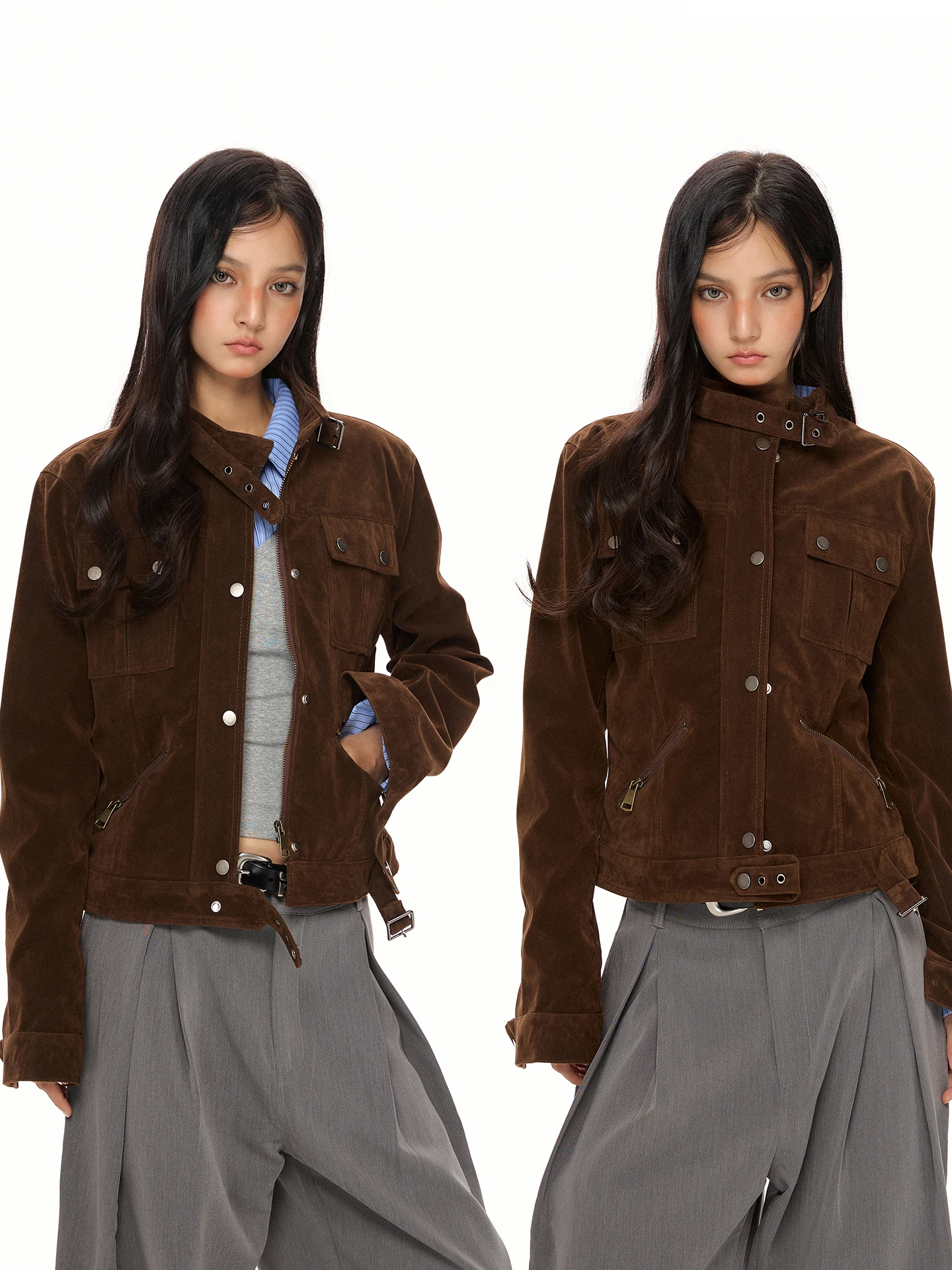 Kurtka damska w stylu retro, amerykańska, vintage, ze sztucznej skóry, wielowarstwowa, robocza, z ozdobnym zamkiem błyskawicznym na ramieniu.