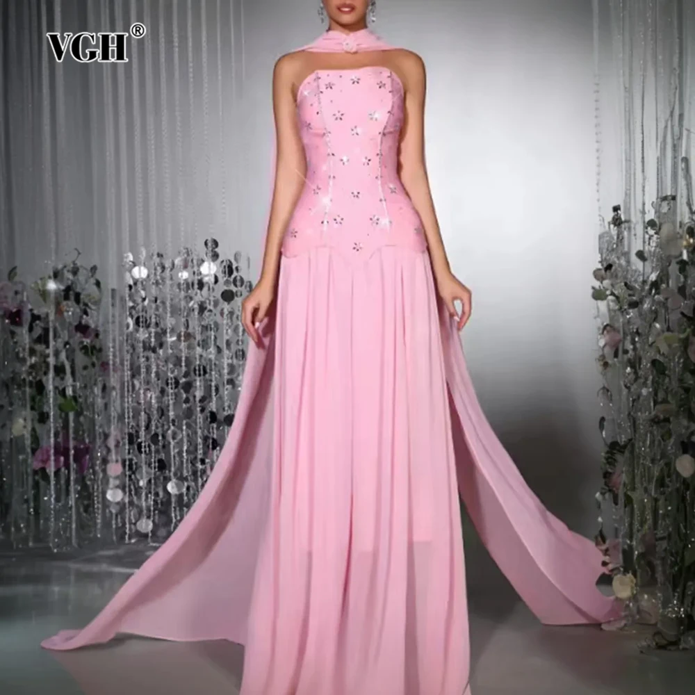 

VGH Pink Color Sexy Dresses Patchwork Ribbon for Women Strapless Sleeveless Slimming Luxurious Evening Party Long Dress Female