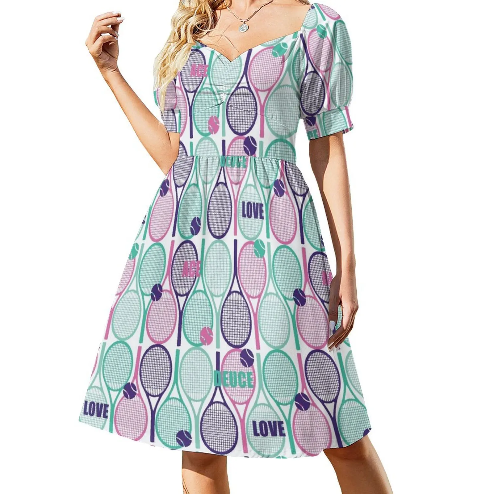 All tennis rackets pattern: pink, teal blue and minty on white backbround Short Sleeved Dress summer dress womens 2025 Dress