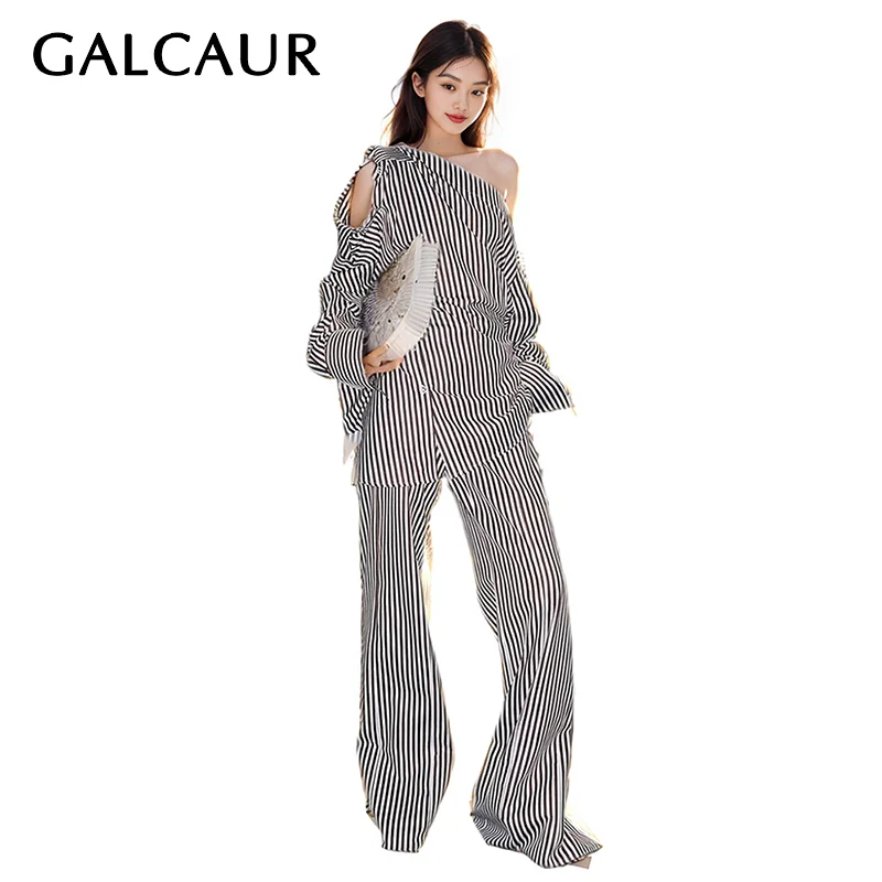 

GALCAUR Striped Two Piece Sets For Women Lapel Long Sleeve Single Breasted Shirts Hit Color Loose Pant Hollow Out Set Female New