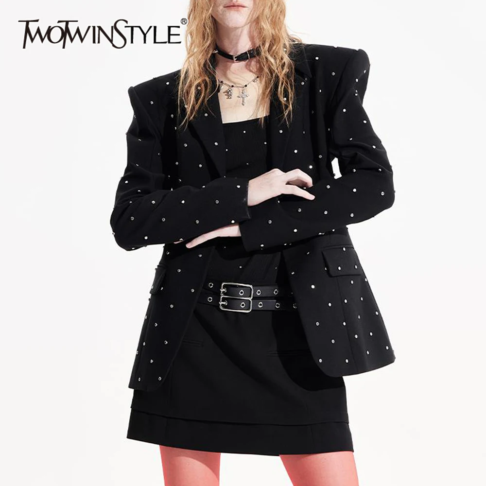 

TWOTWINSTYLE Solid Slimming Fashion Spliced Bead Blazer for Women Lapel Long Sleeves Patchwork Pockets Elegant Coat Female New