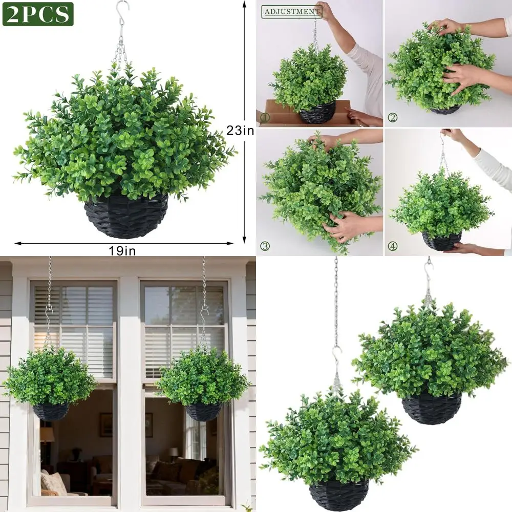 UV-Resistant Artificial Boxwood Hanging Baskets - 2 Sets of Outdoor-Suitable Plant Bushes with Baskets for Porches, Eaves, and C