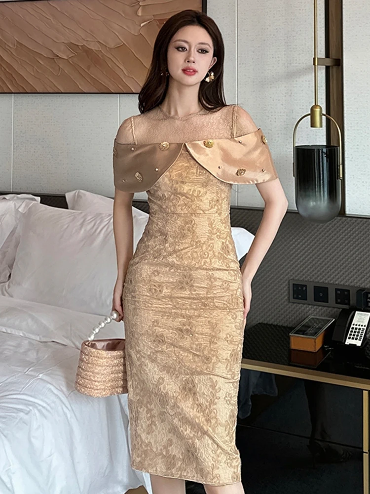 Elegante prachtige avondjurk dames Franse pailletten bloem pure mesh sexy feestjurk vrouwelijke vintage prom gewaad banket vestido