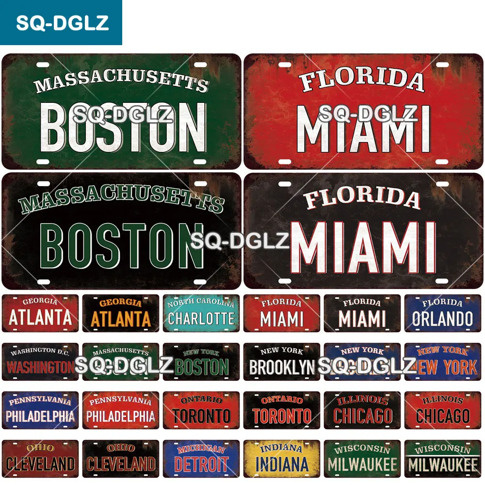 Placa de 15x30CM de EE. UU. EAST City BOSTON MIAMI, letrero de estaño deportivo, decoración de pared de estado, letrero de Metal, decoración del hogar, placas de pintura, póster artístico