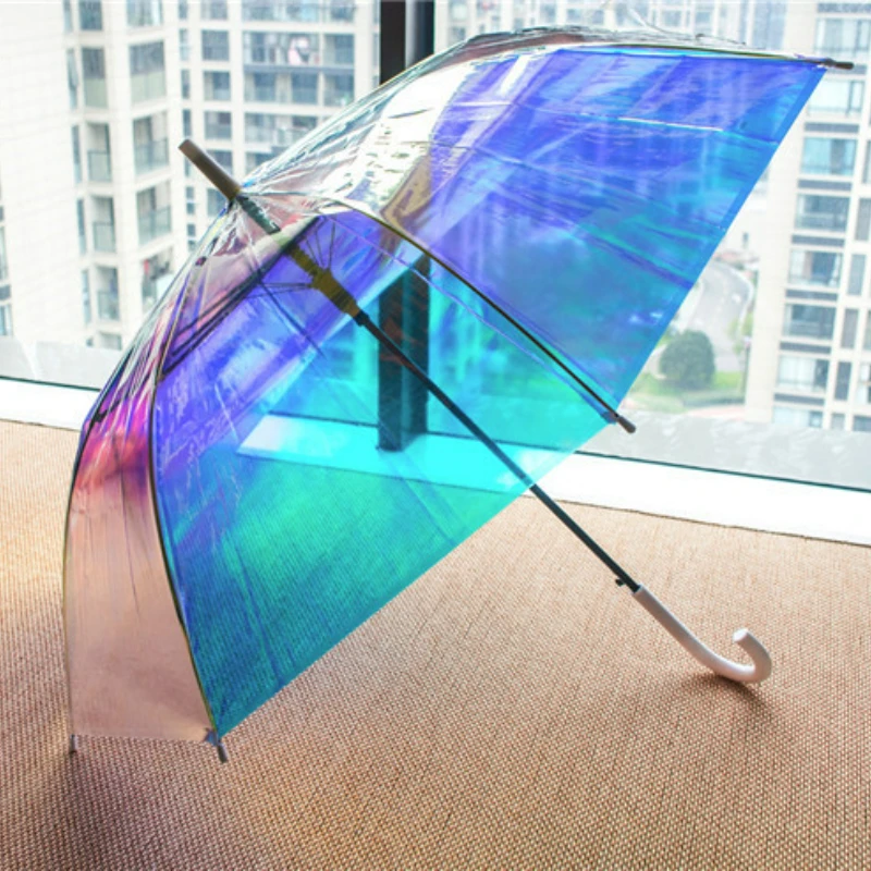 Creative Fashion Magic Color Laser Transparent Umbrella Automatic Sunny Umbrella Mori Series Rainbow Umbrella Straight Rod Gift