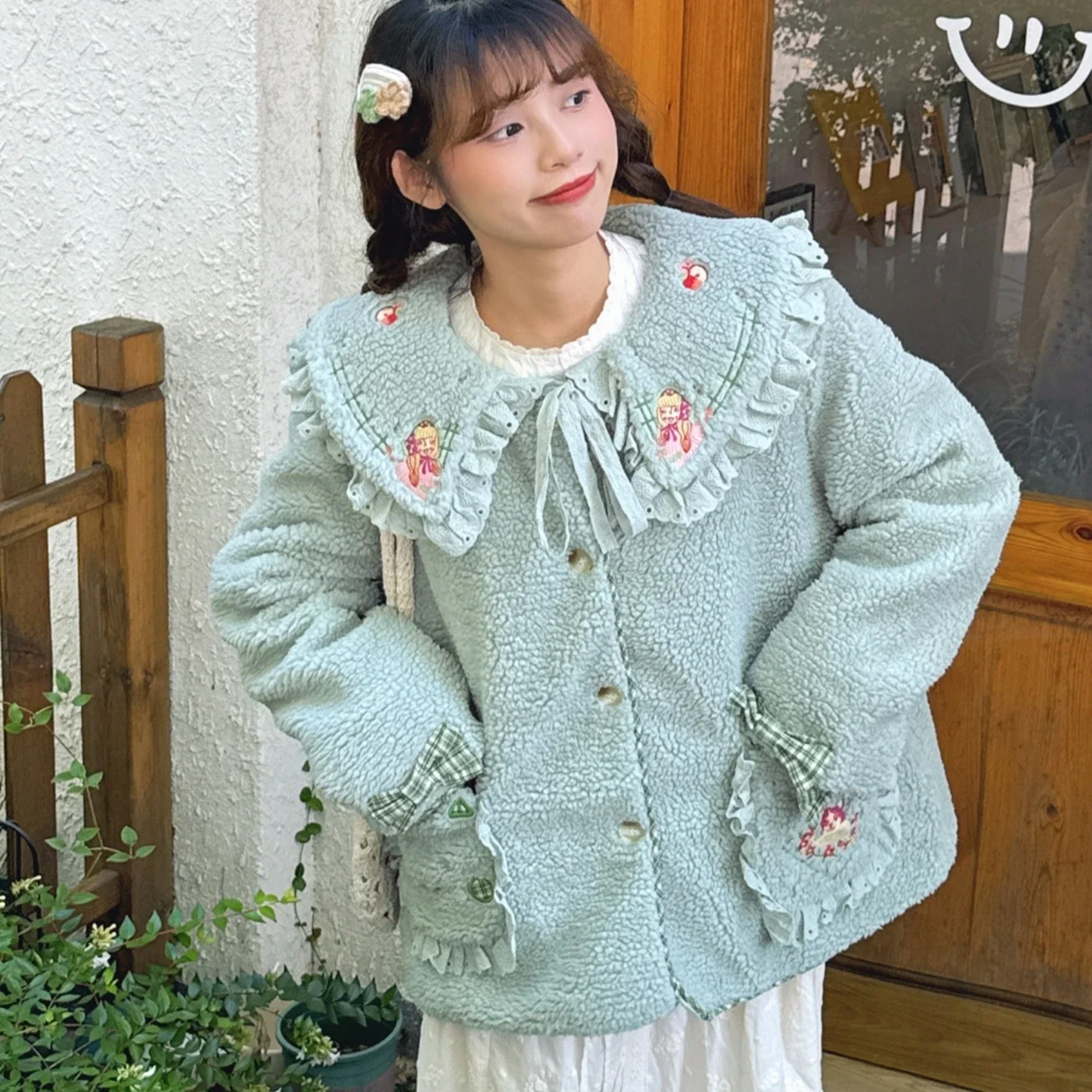 

Winter Fleece Ruffled Lace Embroidery Bow Kawaii Sweet Coat for Women Retro Vintage Mori Girl Cottagecore Goblincore Lolita Coat