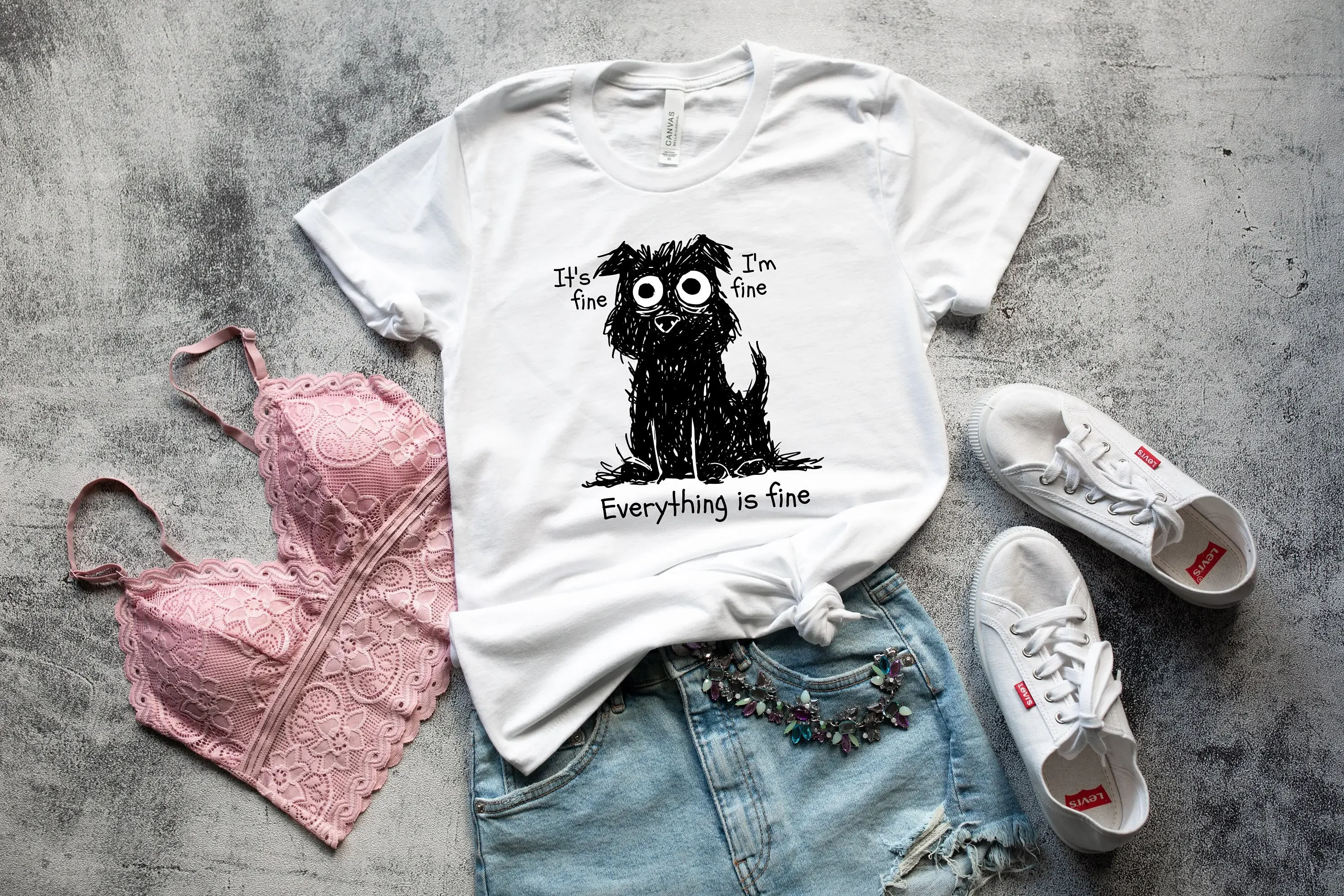 Funny Dog T Shirt Sarcastic Mental Health Introvert Stressed It'S Fine I'M Everything Is