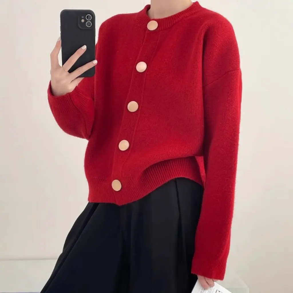 

Design Sense Knitted Sweater Jacket Cardigan Single Breasted Solid Color round Neck Loose Fit Autumn Winter Top for Women