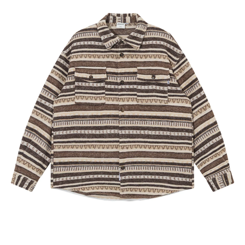 

Vintage Striped Print Shirts Men Streetwear Harajuku Long Sleeve Shirt for Men National Style Loose Casual Blouse Coats Male