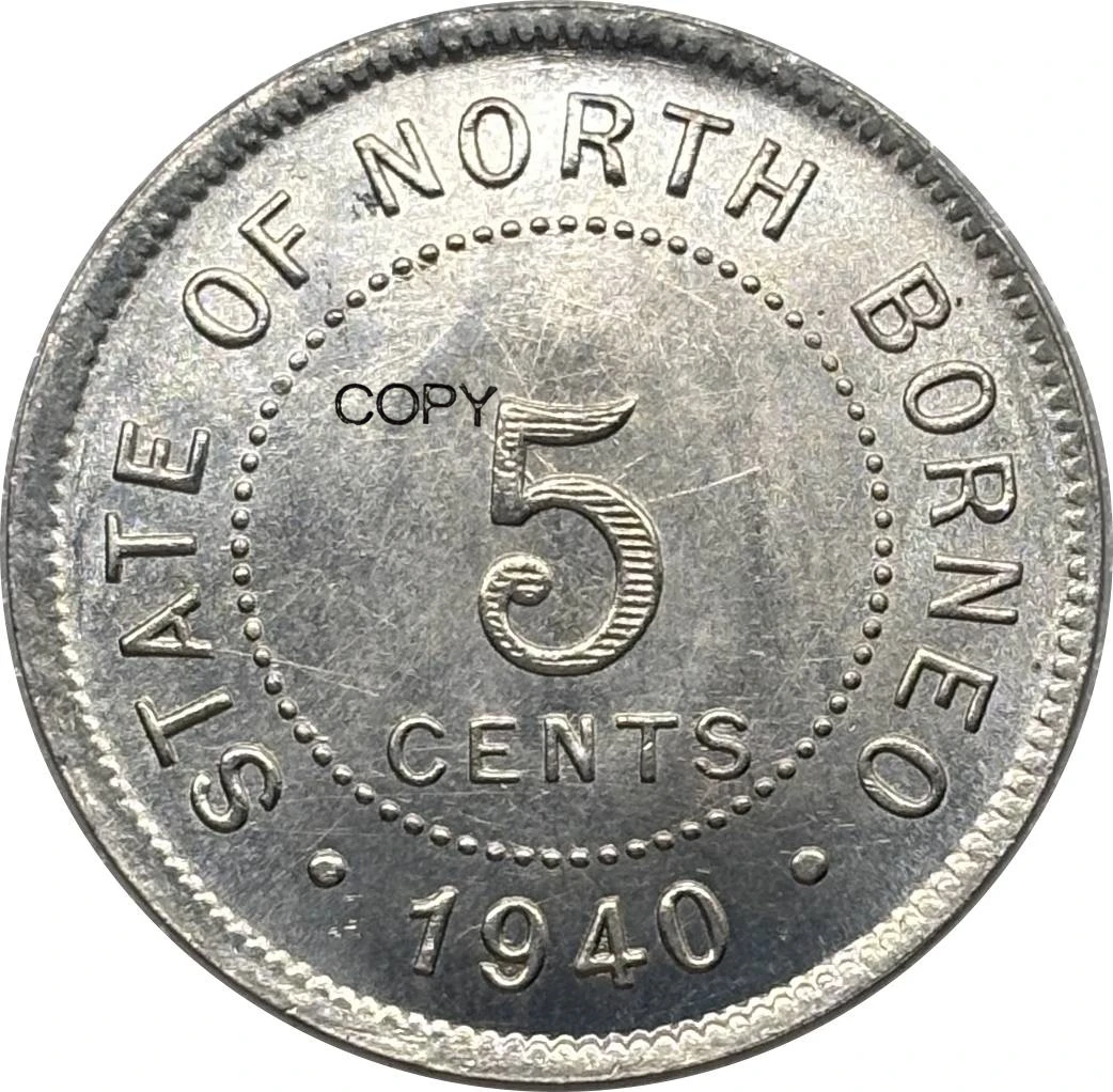 Moneda Conmemorativa Británica de Malasia de 1940, 5 Centavos del Norte de Borneo, Copia Niquelada, Monedas de Colección