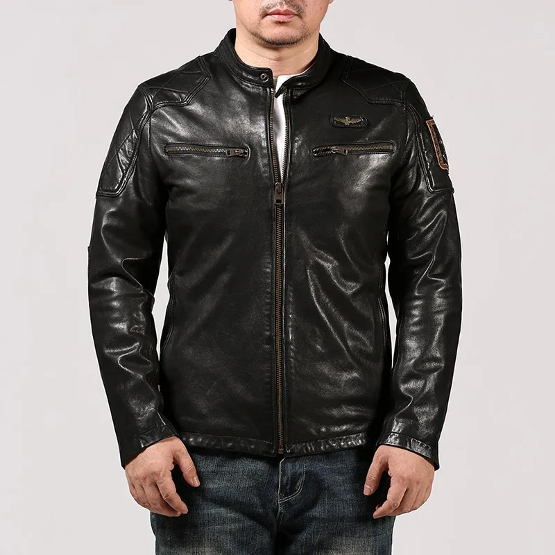 Men's stand-up collar casual motorcycle leather without water-dyed vegetable-tanned cotton