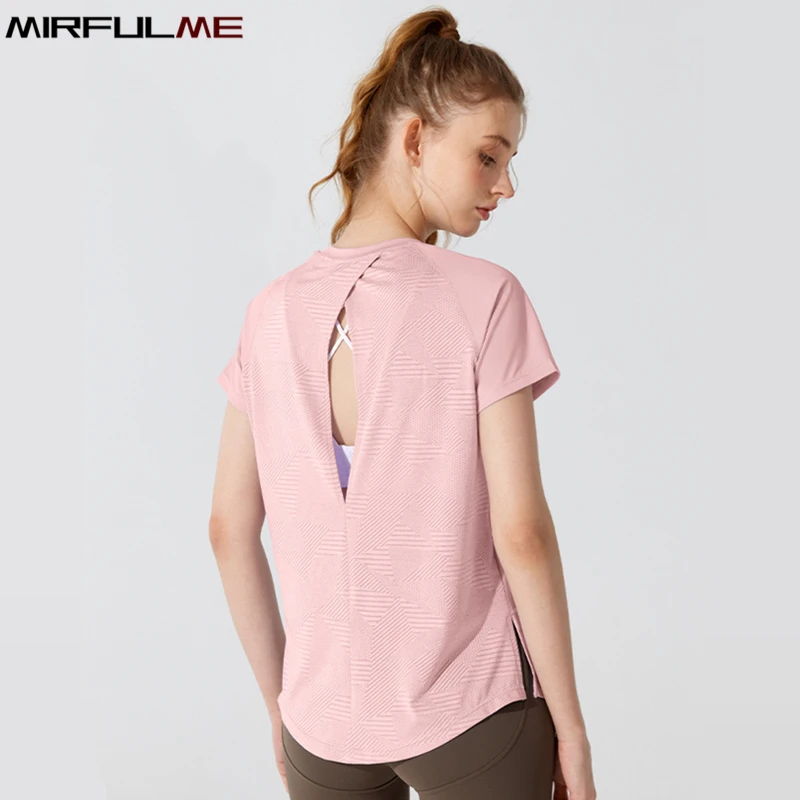 Women Loose Thin Yoga Shirts Short Sleeves Sport T-Shirts Hollow Out Running Shirts Breathable Jacquard Gym Fitness Tops Blouse