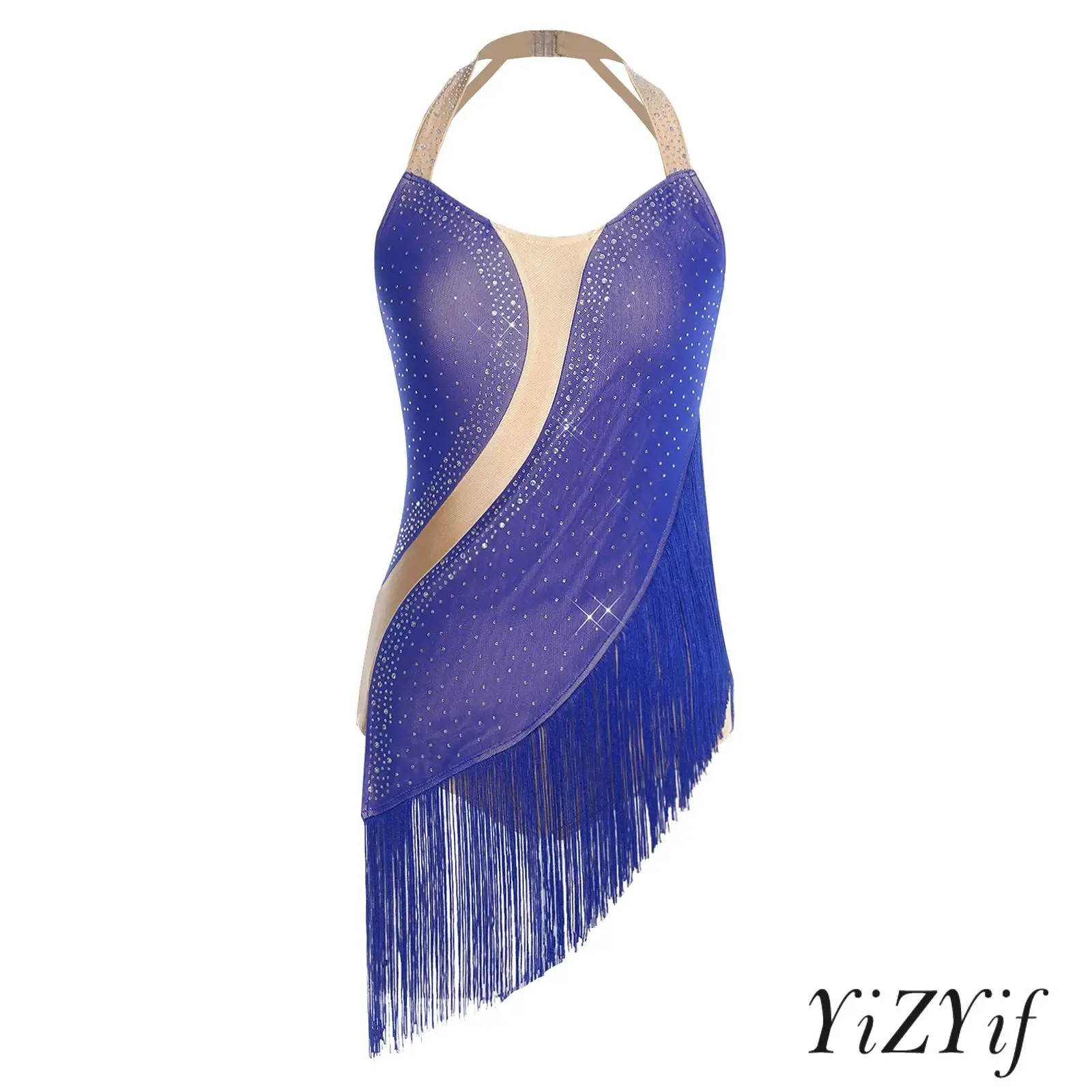 

Womens Tango Latin Dance Costume Rhinestone Tassel Bodysuit Halter Irregular Hem Leotard Jumpsuit for Salsa Cha-cha Jazz Dance
