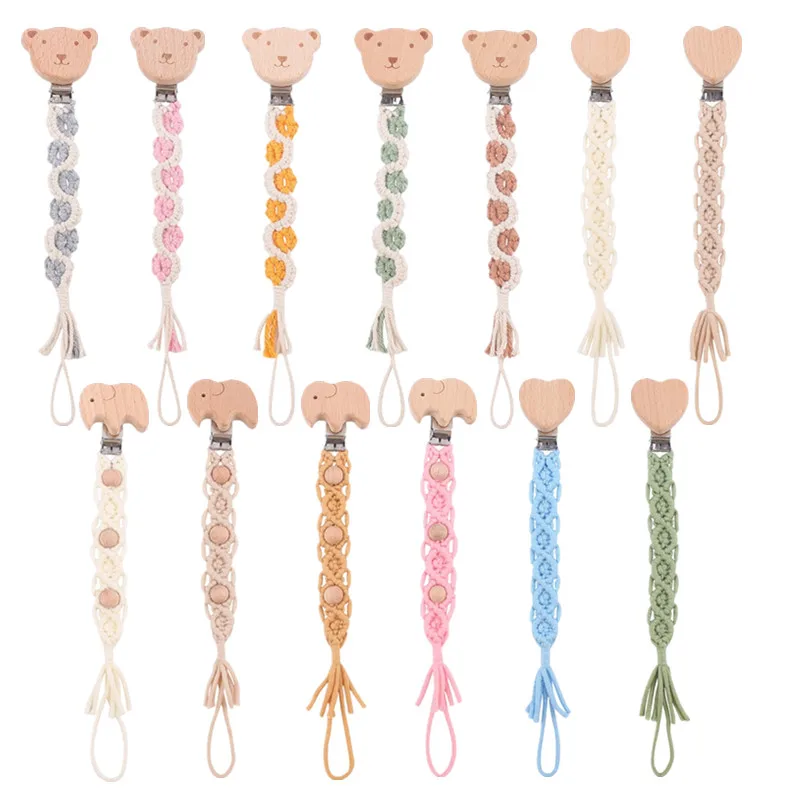 

Vintage Cotton Knitted Baby Pacifier Clip BPA Free Beech Wooden Beads Nipple Holder Clips Crochet Newborn Dummy Soother Chain