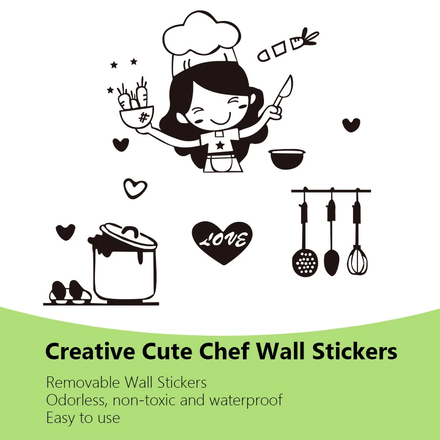 Happy Girl Chef Loves Cooking Wall Sticker Restaurant Bar Kitchen Dining Room Fridge Light Switch Decal DIY Art Home Decor