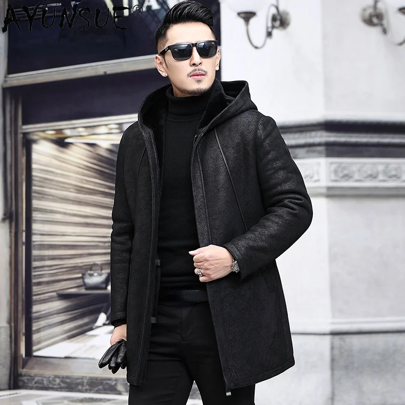 Natural Fur Jacket Male Genuine 100% Wool Coats Winter Men's Hooded Sheepskin Leather Jackets Casaco Masculino Gm363