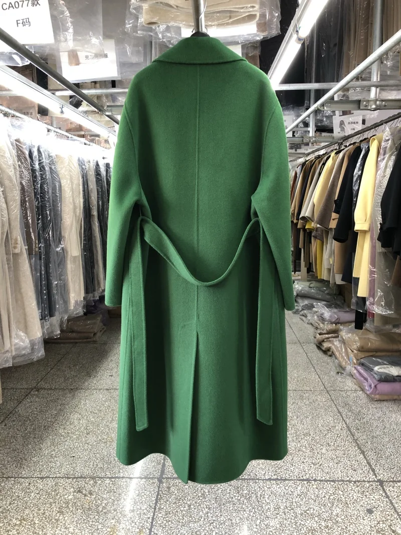 Nowy Zielony Damski Gruby Kaszmirowy Wełniany Długi Płaszcz Elegancki Sznurowany Kołnierz Dwustronny Wełniany Płaszcz Luźny Damski Jesień Zima