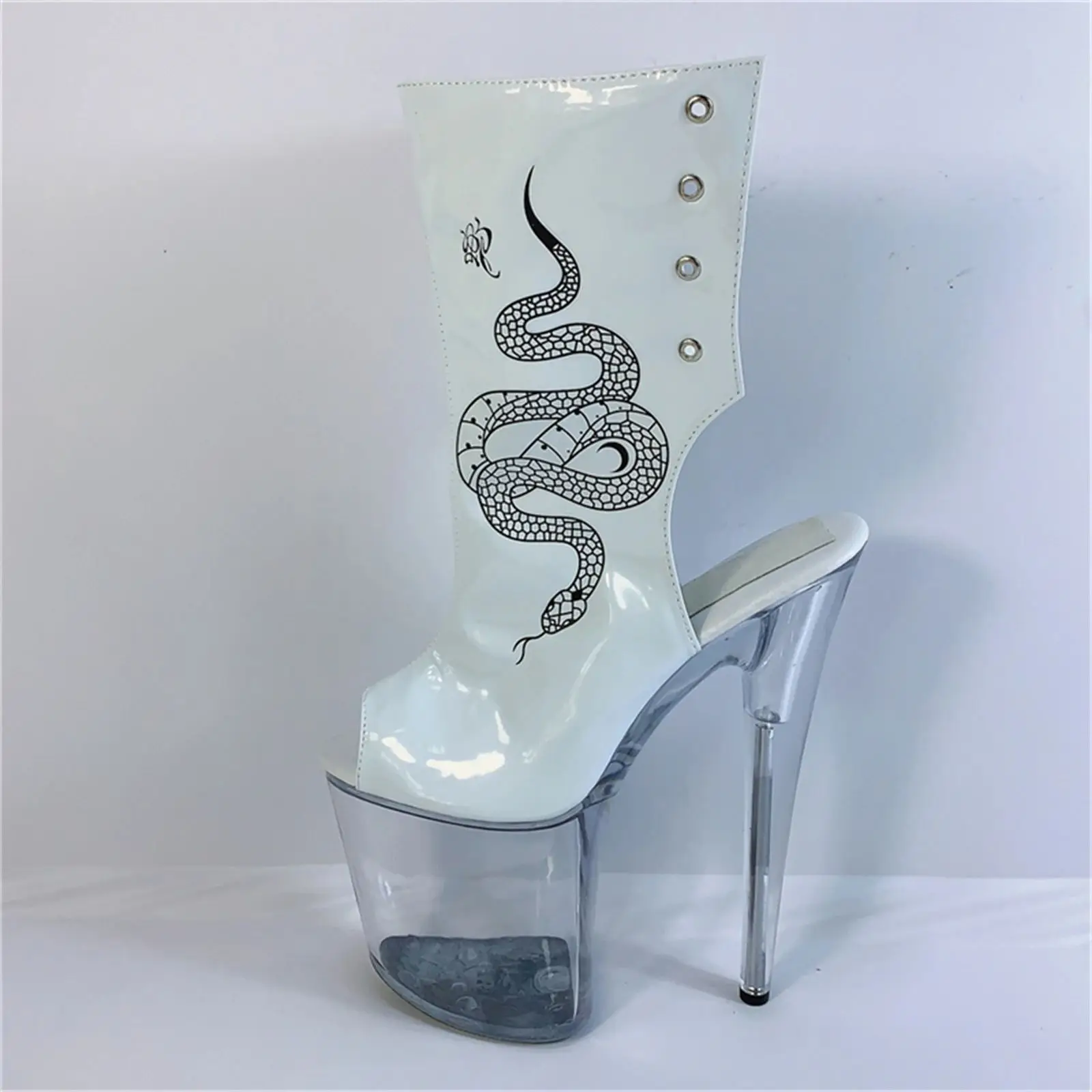 

​Wild Statement Heels 20CM, White Snake Print Peep Toe Boots with Platform, Edgy Night Club Party Shoes​