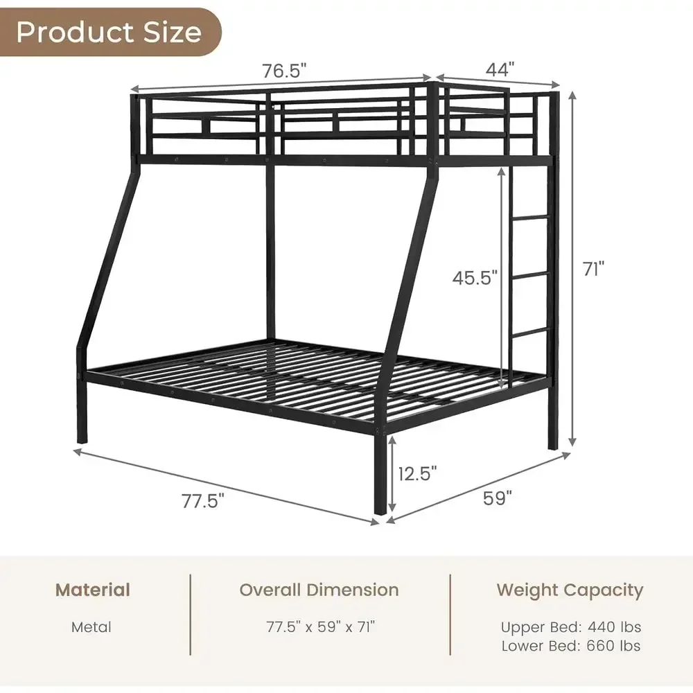 Twin Over Full Metal Bunk Bed with Ladder, Safety Rail, and Steel Slats - Space-Saving for Kids, Teens, and Adults, Noise-Free,