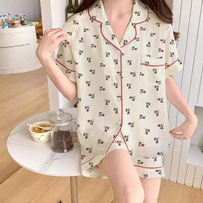 Korean Fresh Literary Sweet Print Women Pajamas Japanese Harajuku Simple Y2k Homewear 2024 New Summer Wrinkled Fabric Nightwear